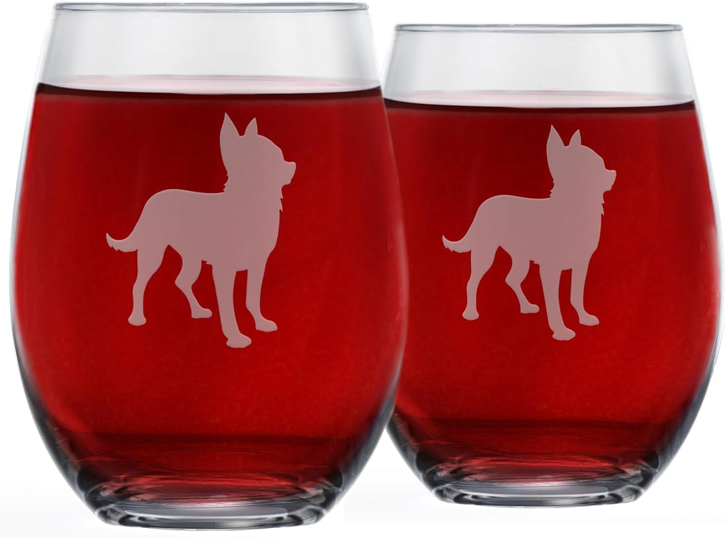 Chihuahua Stemless Wine Glasses (Set of 2) | Unique Gift for Dog Lovers | Hand Etched with Breed Name on Bottom