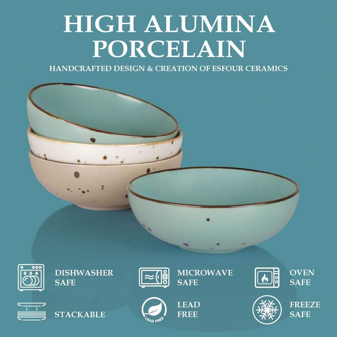 Esfour Round Porcelain Bowls - 20 Ounce - Set of 4 - Microwave, Oven, Dishwasher-Safe, Scratch Resistant, Porcelain Durable Small Dishes Bowls for Cereal, Salad, Pasta, Soup Dessert - Assorted Natural