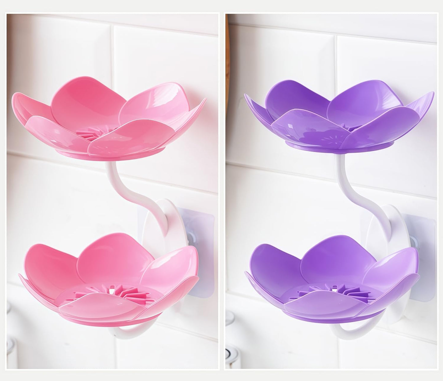 2 Pack Soap Dish Holder for Shower Bar Double Layer Cute Lotus Shape Adhesive Tray Sink Wall Mounted Shampoo NO-Drilling Self Draining Hanging Saver Rack Plastic Bathroom Bathtub Kitchen，Pink+Purple