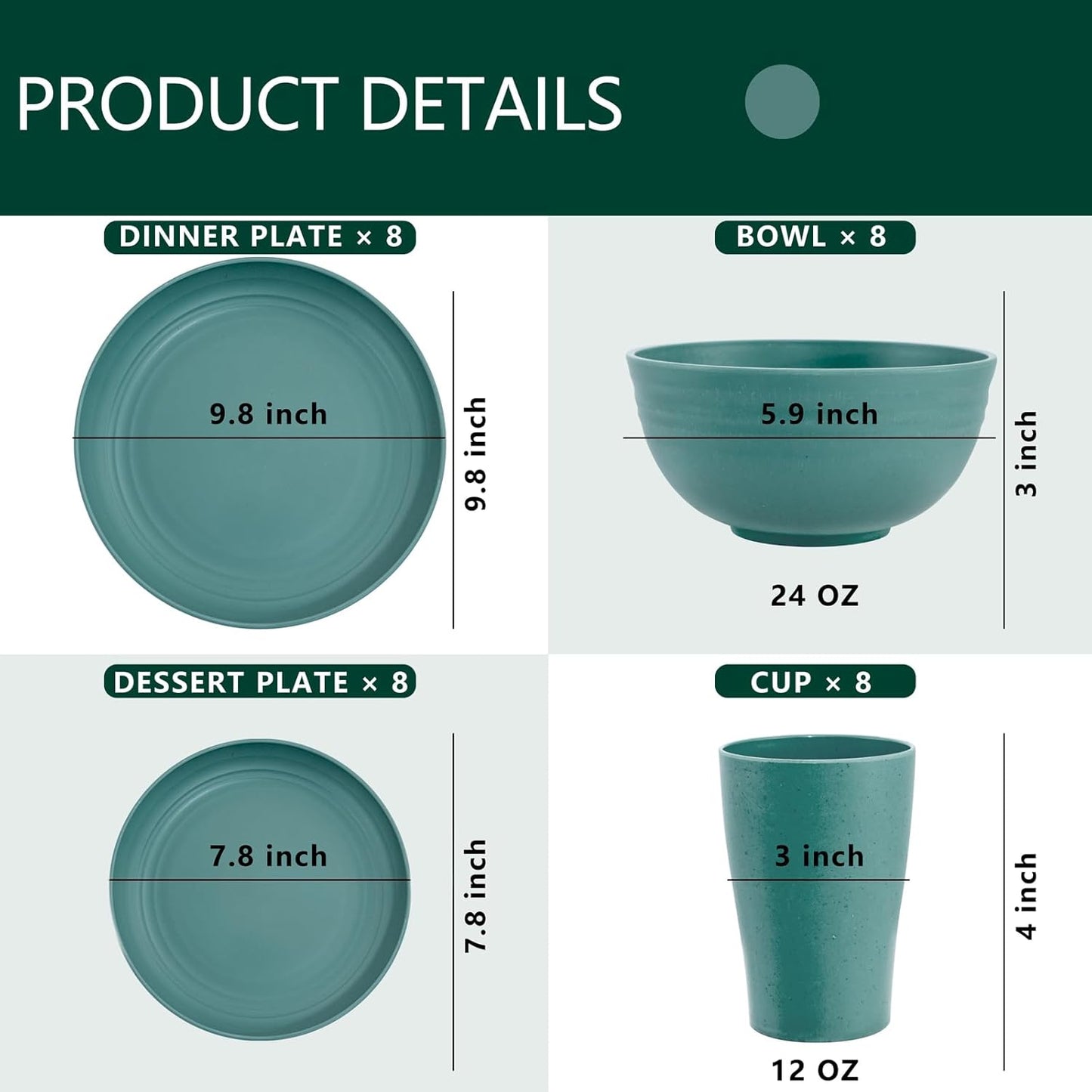 Supernal 32pcs Wheat Straw Dinnerware Sets,Dinnerware Sets for 8,Unbreakable Dinnerware,Reusable Tableware,Dark Green Set 16pcs Plates, 8pcs Bowls, 8pcs Cups,Microwave Dishwasher Safe