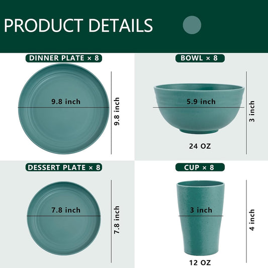 Supernal 32pcs Wheat Straw Dinnerware Sets,Dinnerware Sets for 8,Unbreakable Dinnerware,Reusable Tableware,Dark Green Set 16pcs Plates, 8pcs Bowls, 8pcs Cups,Microwave Dishwasher Safe