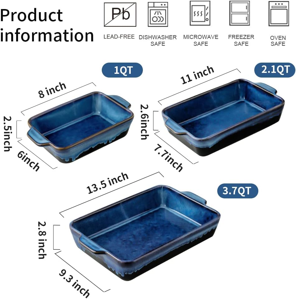 Bakeware Set, Ceramic Baking Dish Set, Rectangular Casserole Dish Set, lasagna Pan, Baking Pans Set for Cooking, Cake Dinner, Kitchen, 9 x 13 Inches, Reactive Glaze 3-Piece (Nebula Blue)