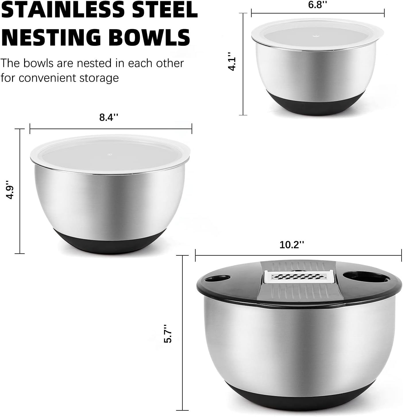 Mixing Bowls with Lids Set,Pack of 3 Stainless Steel Nesting Bowls with Grater Airtight Lids Non-Slip Bottoms for Slicing,Shredding,Grating,Mixing,Cooking,Baking(Black)