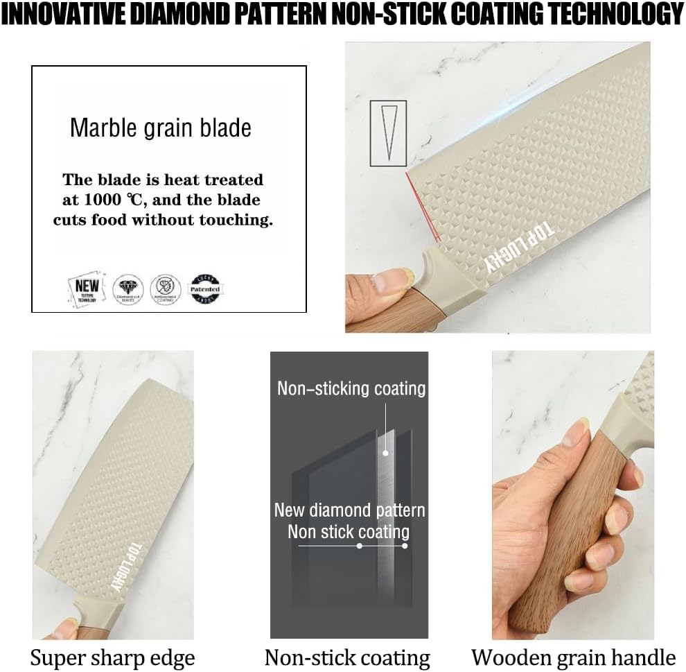 Knife Set, Wiztoynia 6-Piece Khaki Kitchen Knife Set for Home, Anti-Rust Non-stick Stainless Steel Sharp Chef Knife Sets with Universal Knife Block for Kitchen, Ergonomical Design (Khaki)