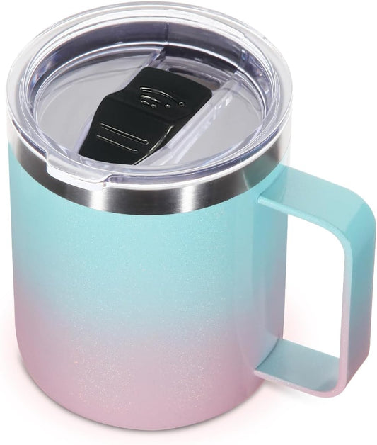 Volhoply 14oz Insulated Stainless Steel Coffee Mug with Leakproof Lid,Double Wall Vacuum Travel Coffee Cup with Handle, Reusable Cups Tumbler,Camping Mugs Keep Hot, Ideal Gifts(Green Pink,1 Set)