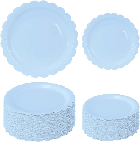 50 Pcs Light Blue Scalloped Paper Plates 25 × 7'' and 25 × 9'' Disposable Baby Blue Scalloped Dinner Plates for Wedding Baby Shower Birthday Party Disposable Dessert Plate