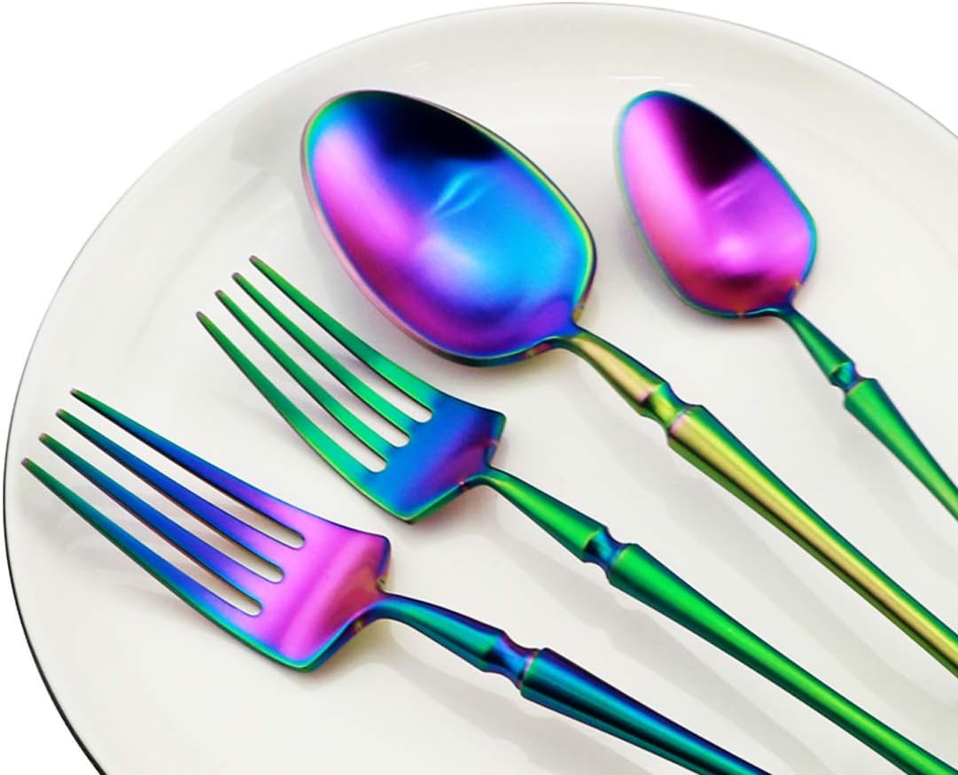 Gugrida Unique & Beautiful Flatware Set - 5 Piece Iridescent Silverware Sets | 18/10 Stainless Steel Reusable Cutlery Set | Rainbow Utensils Service For 1 with Dessert Fork, Knife, Spoon, Dinner Fork