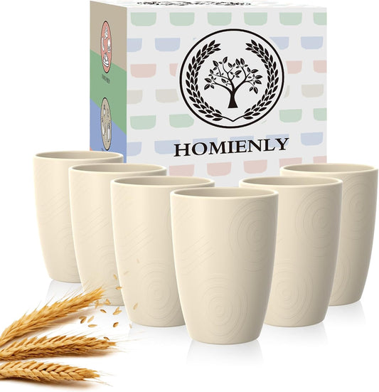 Homienly Wheat Straw Cups, Drinking Glasses Set of 6, 16 OZ Cups for Kitchen, Kids, Camping, Party, Unbreakable Microwave and Dishwasher Safe Water Tumblers, Stackable Plastic Cups-Beige