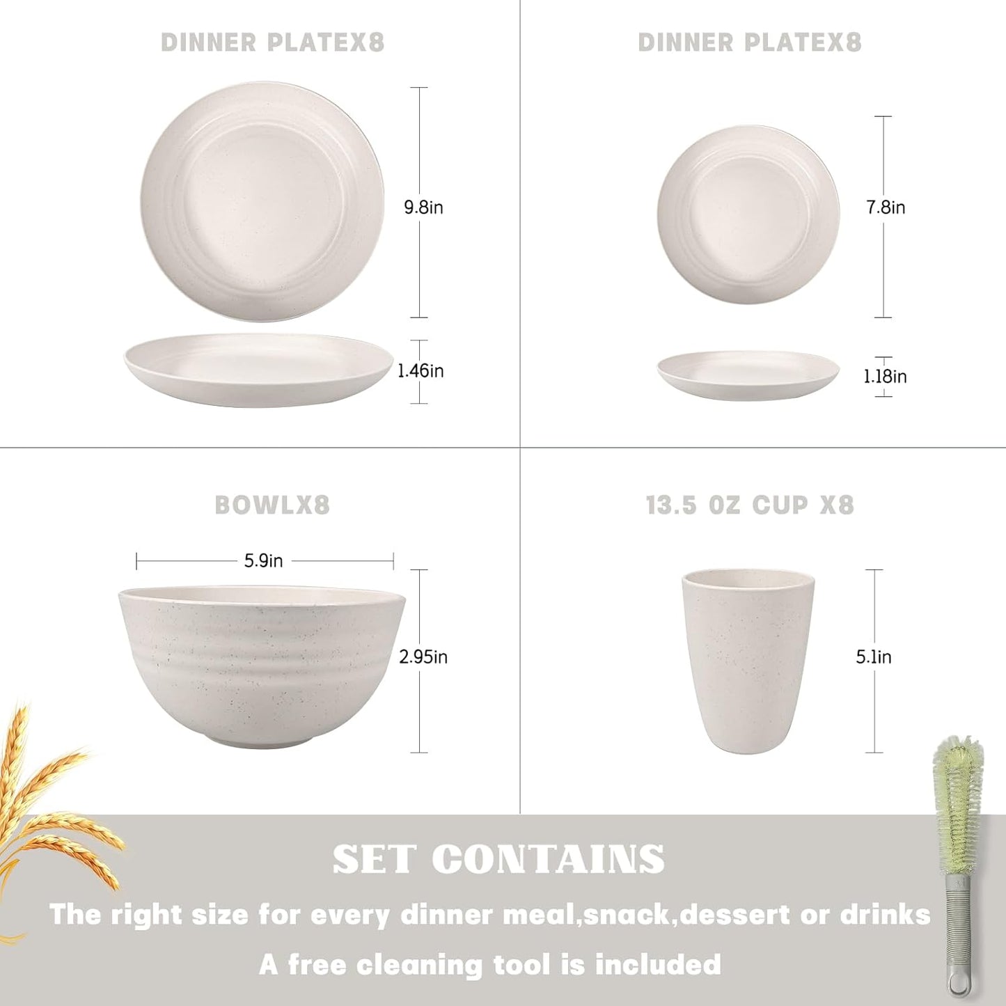 Kitchen Wheat Straw Dinnerware Sets (33pcs) Attached cleaning brush,Service For 8,Plastic Plates and Bowls Sets,Unbreakable Dinnerware,Lightweight Plastic Plate Set (off-white)