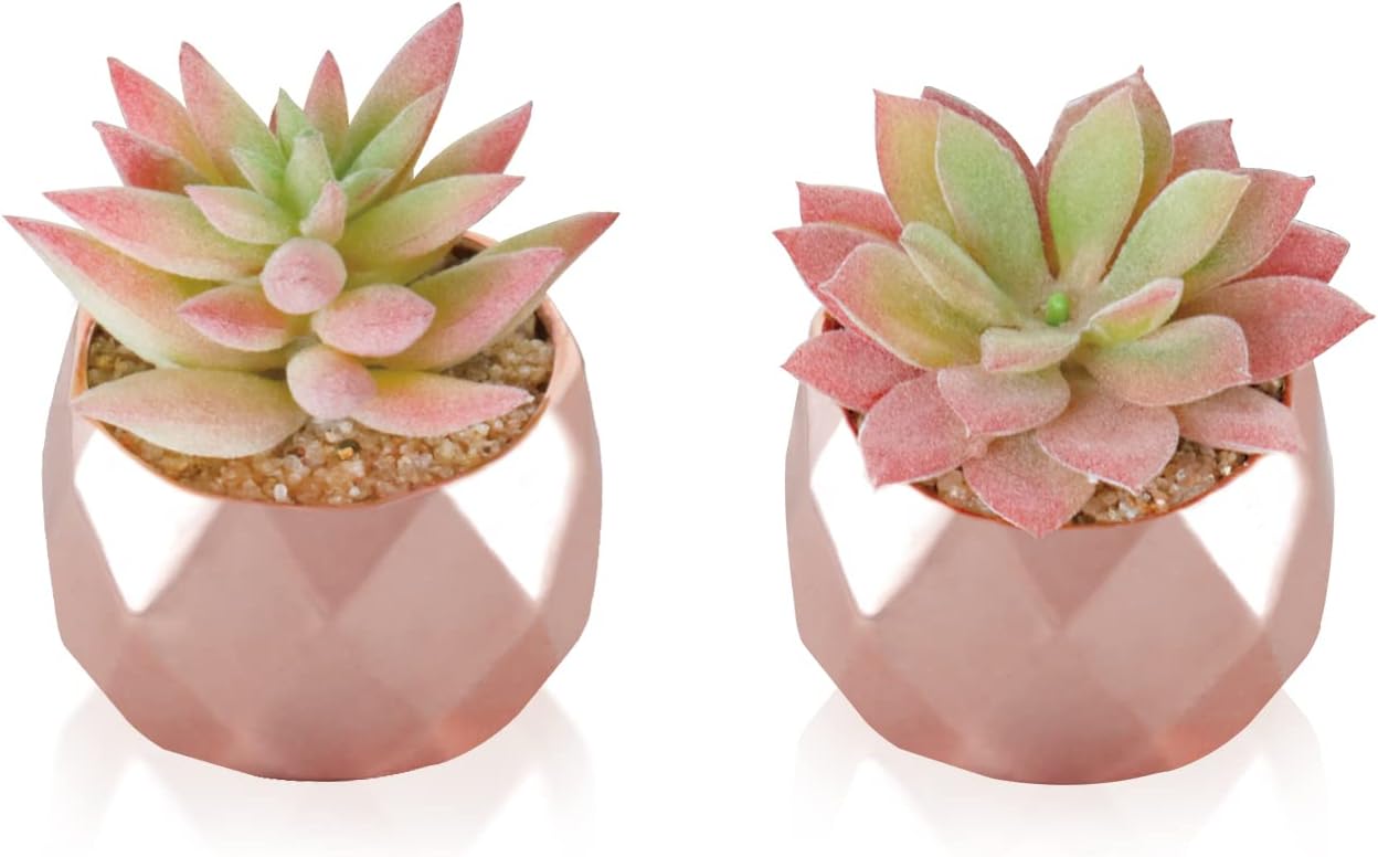 Tiita Artificial Faux Succulents in Pots, Mini Rose Gold Fake Plants for Women Desk, Small Realistic Faux Succulents for Home Office Accessories Window Sill Bathroom Bedroom, Rose Gold