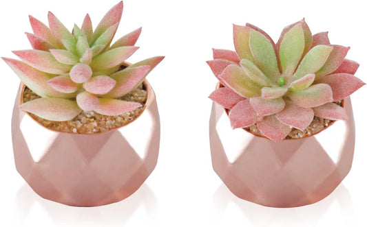 Tiita Artificial Faux Succulents in Pots, Mini Rose Gold Fake Plants for Women Desk, Small Realistic Faux Succulents for Home Office Accessories Window Sill Bathroom Bedroom, Rose Gold