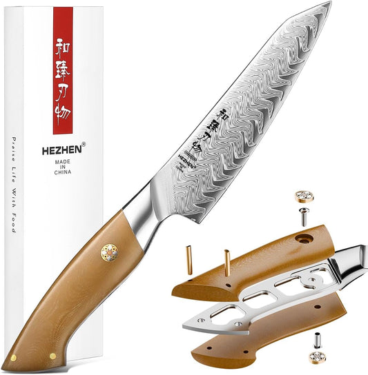 HEZHEN Kitchen Utility Knife, 5.5 Inches, 67 Layers Damascus Steel, Multifucational Paring Knife for Chefs and Home Cooking, Ultra-sharp Blade with Linen Micarta Handle, Gift Packing