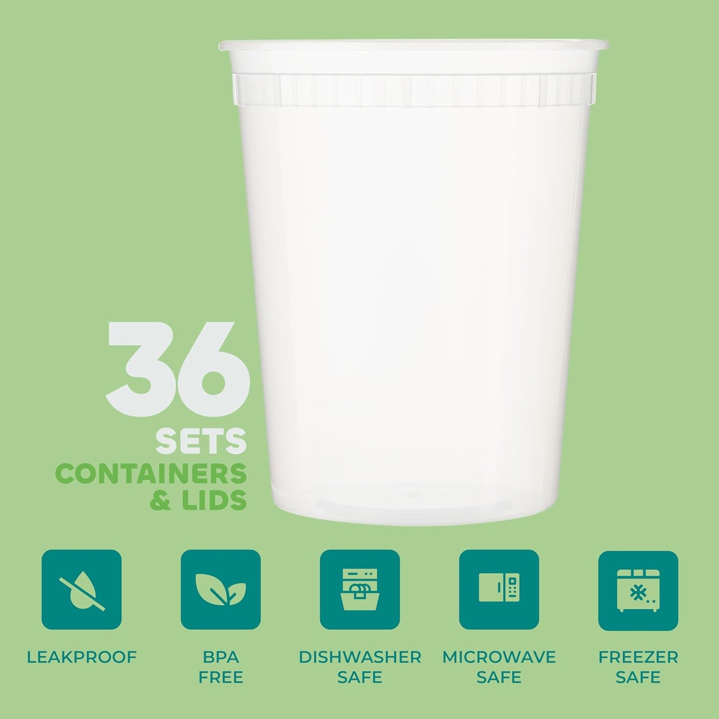 JoyServe 32 Oz Deli Food Containers with Lids - (36 Sets) Quart Airtight Plastic Food Storage for Takeout, Meal Prep, To-Go, Soup Freezer Containers with 36 Lids, BPA-Free, Dishwasher, Microwave Safe