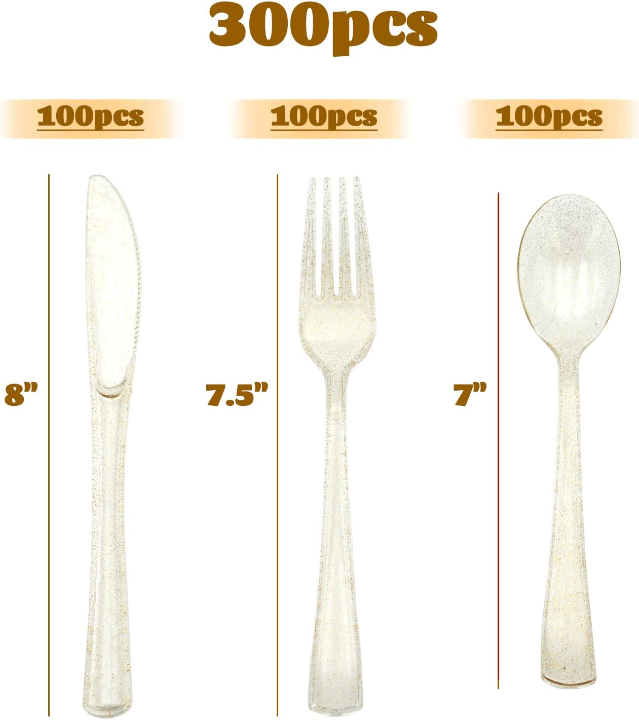 300PCS Plastic Silverware Set, Disposable Glitter Gold Cutlery, Flatware Set, 100 Forks, 100 Spoons, 100 Knives, Fancy Party Utensils for Christmas