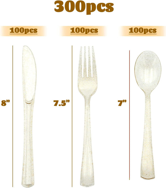 300PCS Plastic Silverware Set, Disposable Glitter Gold Cutlery, Flatware Set, 100 Forks, 100 Spoons, 100 Knives, Fancy Party Utensils for Christmas