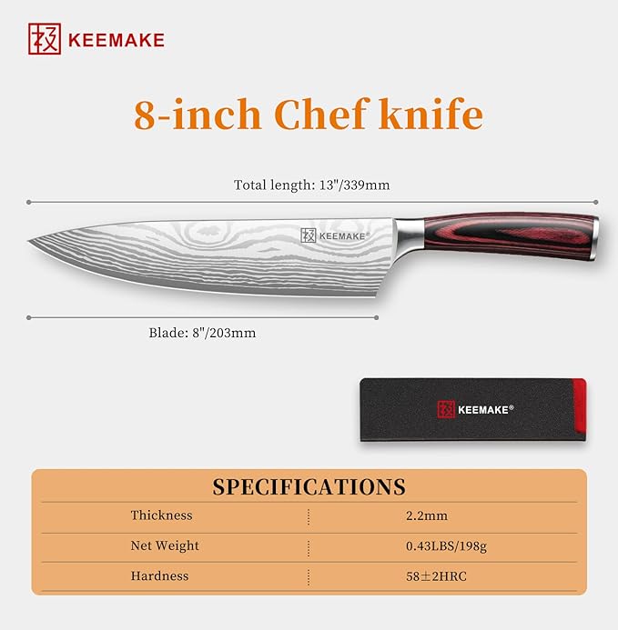 KEEMAKE Chef Knife 8 Inch - Ultra Sharp Kitchen Knife 1.4116 High Carbon Stainless Steel Blade, Ergonomic Handle, Professional Meat Knife for Home Cooking & Chefs, w/Sheath & Gift Box
