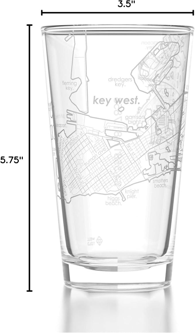 Well Told Engraved Key West Florida Map Pint Glass, Etched Beer Gift (16 oz, Clear) City Map Pint, Custom City Glassware, Gifts For Beer Lovers