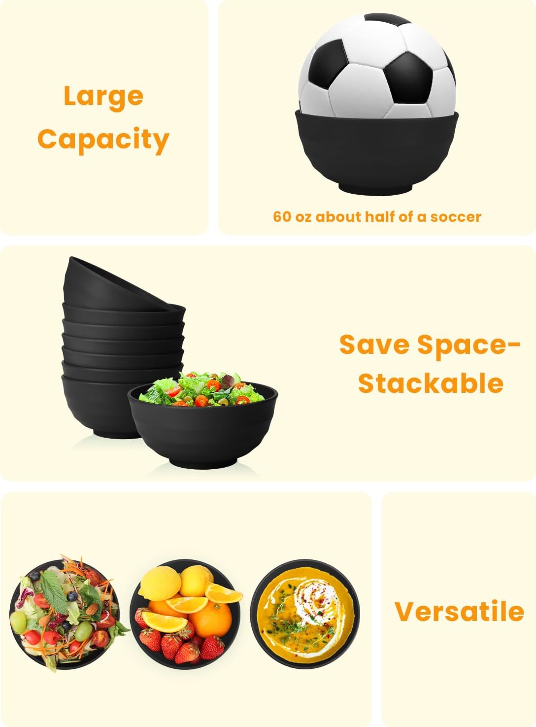 Homienly 60 OZ Salad Bowls,Large Soup Bowls Set of 8,Wheat Straw Bowl Sets,Unbreakable Large Serving Bowls,Big Cereal Bowl for Kitchen, Salad, Soup, Microwave and Dishwasher Safe Bowl - Black