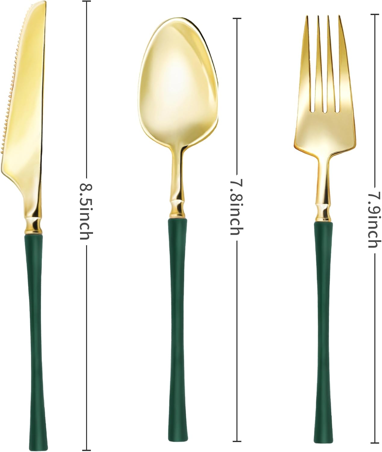 Lullaby 150pcs Gold Plastic Silverware, High End Disposable Cutlery with Dark Green Handle Include 50 Forks, 50 Spoons, 50 Knives, Elegant Silverware for Wedding, Party, Gathering and Daily Use