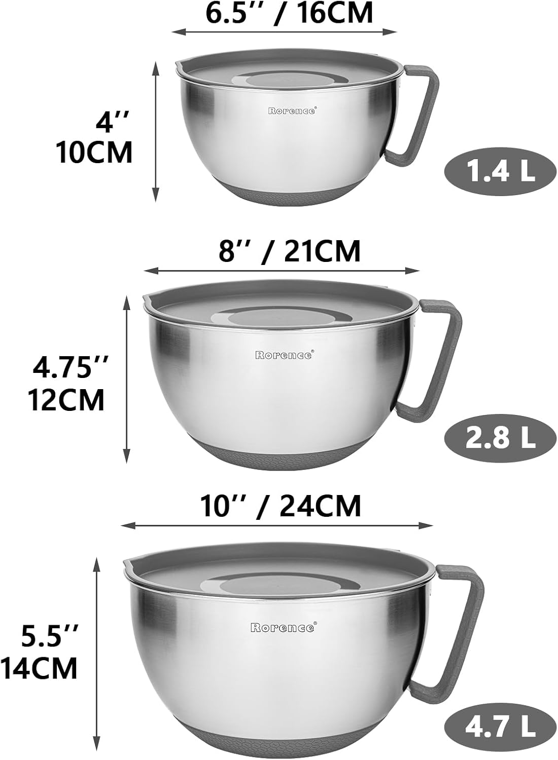 Rorence Mixing Bowls Set: Stainless Steel Non-Slip Bowls with Pour Spout, Handle and Lid - Set of 3 - Gray