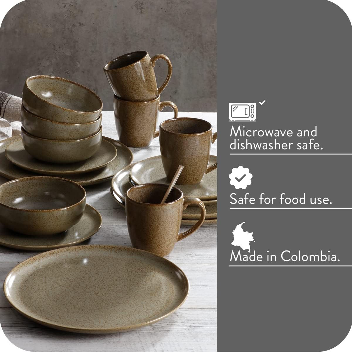 Corona 16–piece Unique Finish Earth-Toned Ceramic Dinnerware Sets, Plates, Bowls and Mugs, Service For 4, Wind