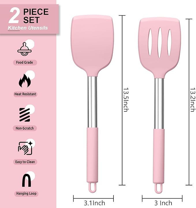 E-far Silicone Spatula Set of 2, Solid & Slotted Turner for Nonstick Cookware, Heat Resistant Rubber Kitchen Cooking Utensils for Flipping Fish Pancake Egg - Pink