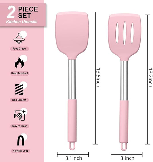 E-far Silicone Spatula Set of 2, Solid & Slotted Turner for Nonstick Cookware, Heat Resistant Rubber Kitchen Cooking Utensils for Flipping Fish Pancake Egg - Pink