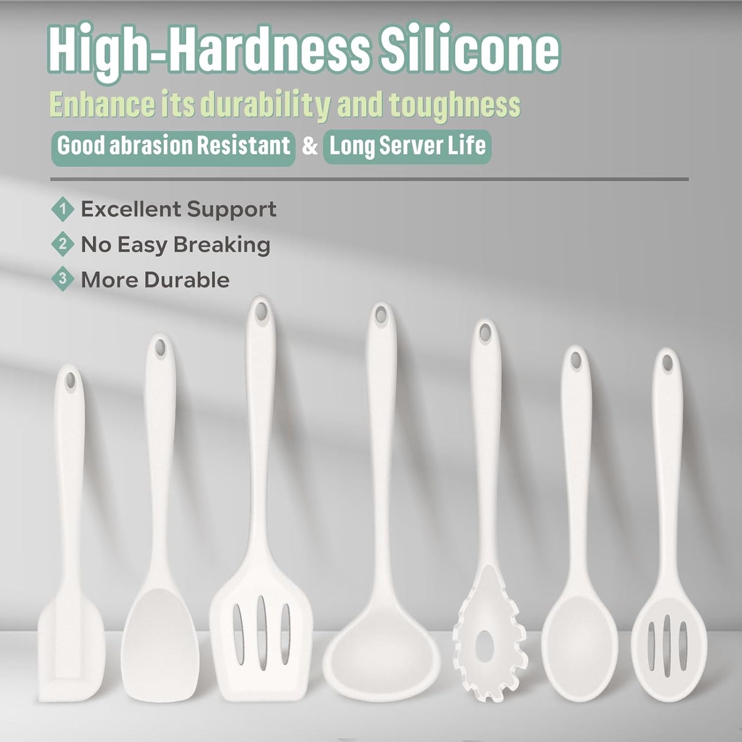 E-far Silicone Cooking Utensils Set, 7-Piece White Heat Resistant Kitchen Utensils Set, Kitchen Nonstick Tools Spatula Ladle Spoon Pasta Server for Non-stick Cookware, Non-Toxic & Dishwasher safe