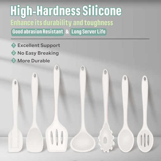 E-far Silicone Cooking Utensils Set, 7-Piece White Heat Resistant Kitchen Utensils Set, Kitchen Nonstick Tools Spatula Ladle Spoon Pasta Server for Non-stick Cookware, Non-Toxic & Dishwasher safe