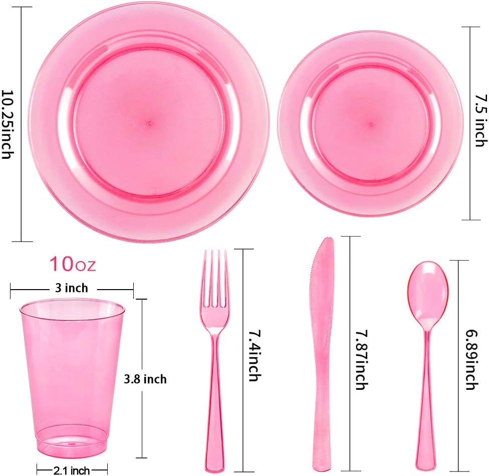 WDF 25 Guest Pink Plates with Pink Plastic Silverware&Pink Cups-Neon Clear Disposable Dinnerware include 50 Plates,25Forks, 25 Knives, 25 Spoons,25 Plastic Cups for Party and Baby Shower