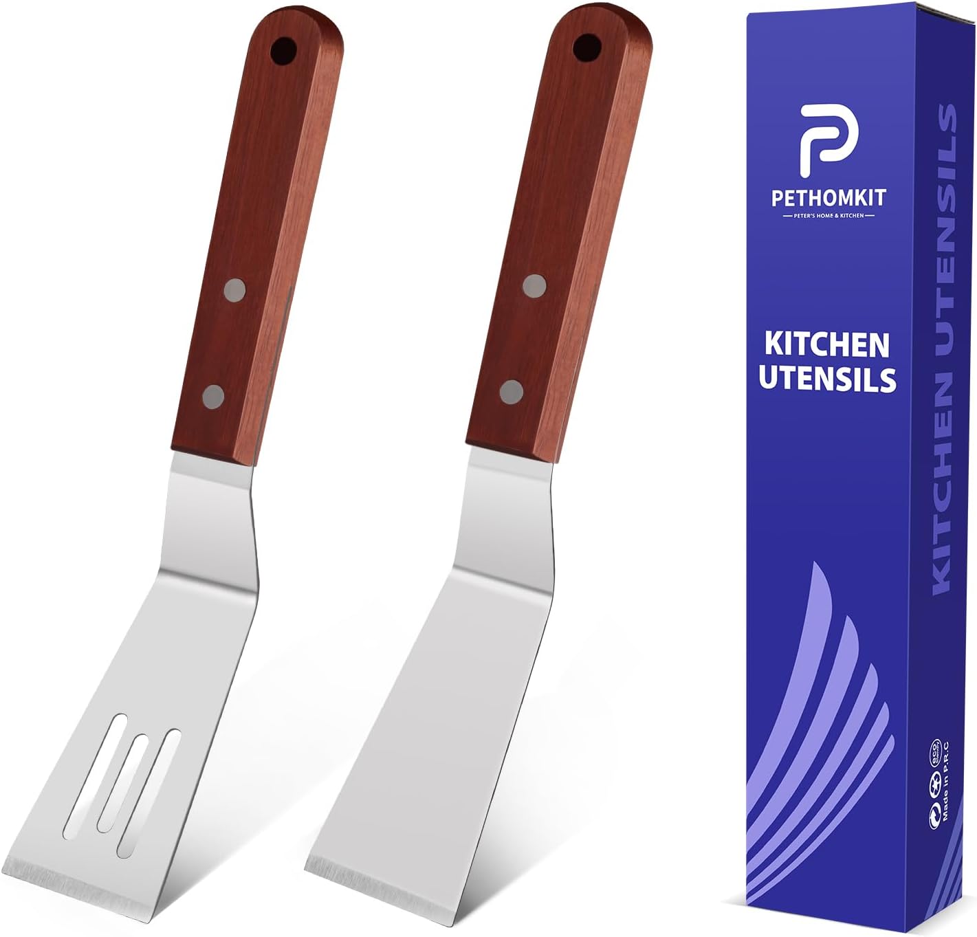 Small Metal Spatula Set for Cast Iron Skillet,Mini Wooden Spatulas for Kitchen Use,Thin Beveled Edge Stainless Steel Cookie Brownie Spatula Turner Server for Cake Egg Serving Cutting Flipping,2 Pcs