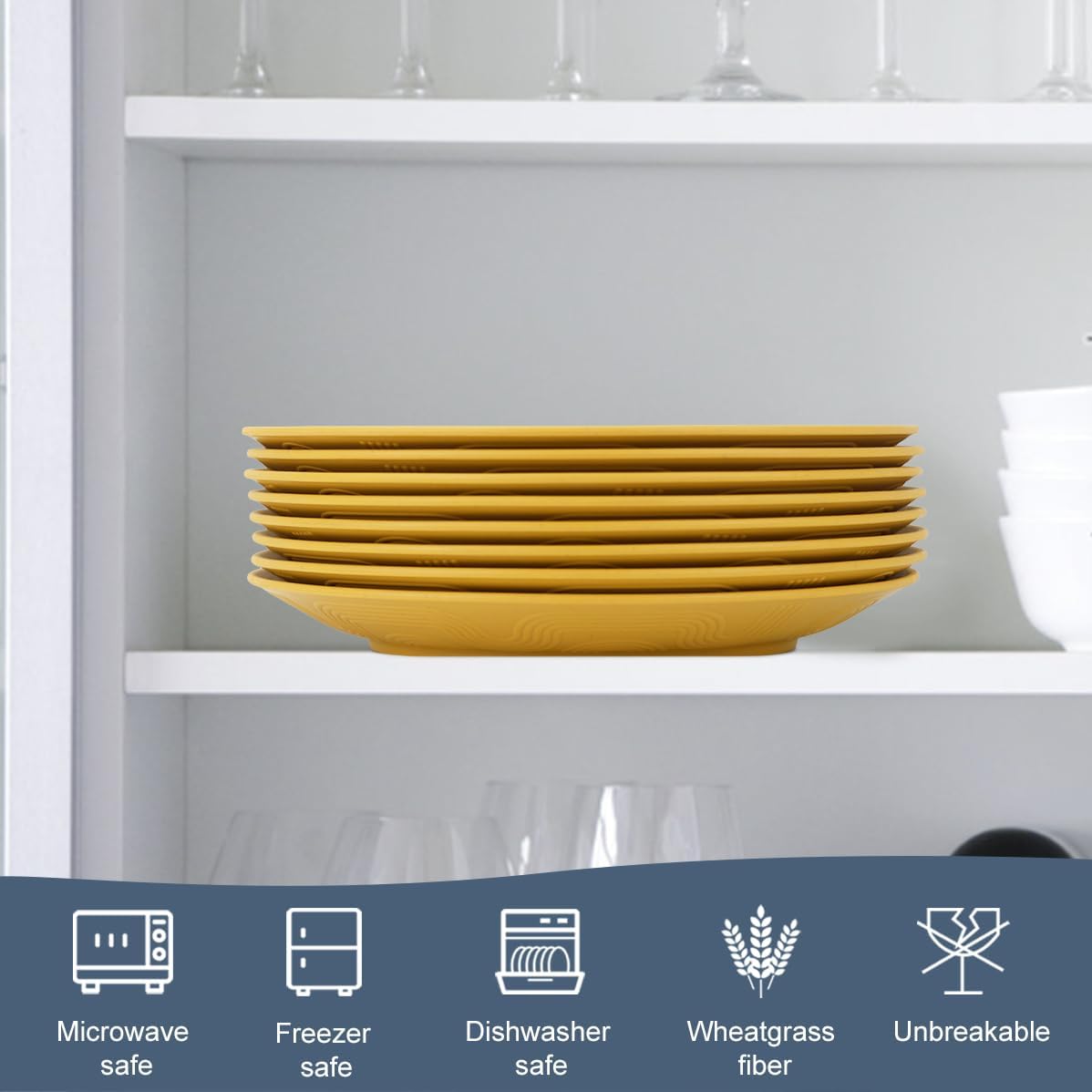 Homienly Flat Dinner Plates Set - 8 Microwave & Dishwasher Safe Wheat Straw Plates, Unbreakable, 9 inch Yellow