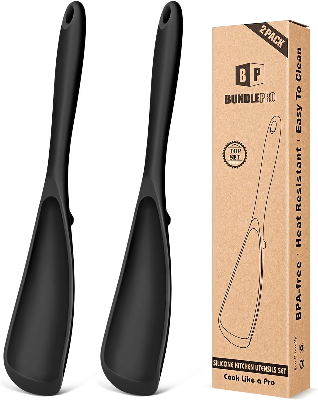 Pack of 2 Cooking Spoons for Non Stick Cookware, Multifunction Spatula Spoon BPA-Free, One-Piece Design, Suitable for Scooping, Scraping, Serving and Mixing (BLACK-BLACK)