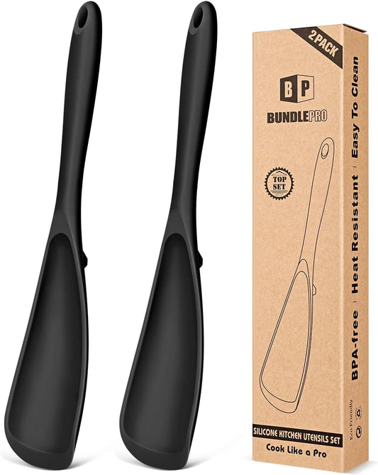 Pack of 2 Cooking Spoons for Non Stick Cookware, Multifunction Spatula Spoon BPA-Free, One-Piece Design, Suitable for Scooping, Scraping, Serving and Mixing (BLACK-BLACK)