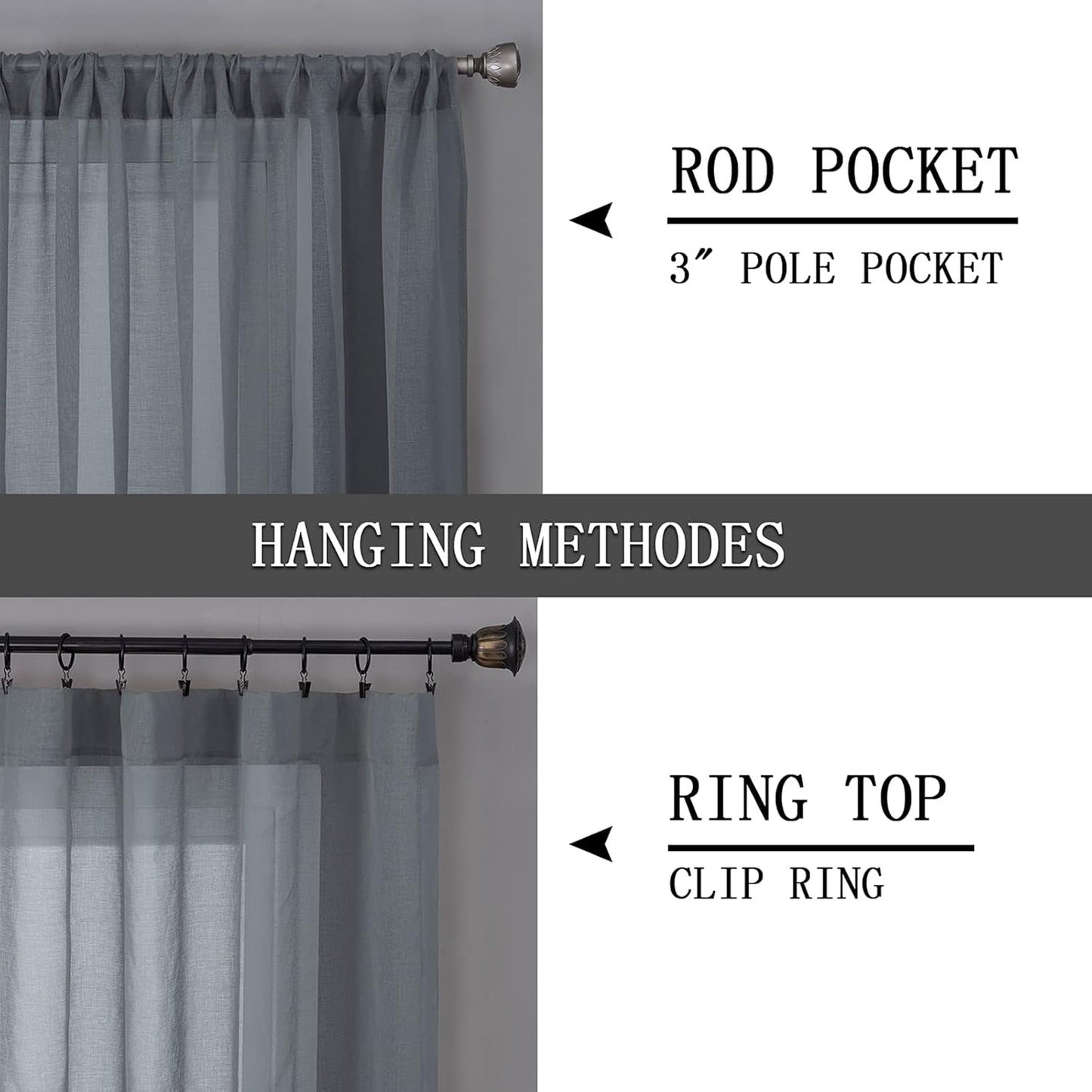 Tollpiz Short Sheer Curtain Living Room Linen Textured Curtains Sheer Light Filtering Voile Rod Pocket Curtain for Bedroom, 38 x 54 inches Long, Dark Grey, Set of 2 Panels