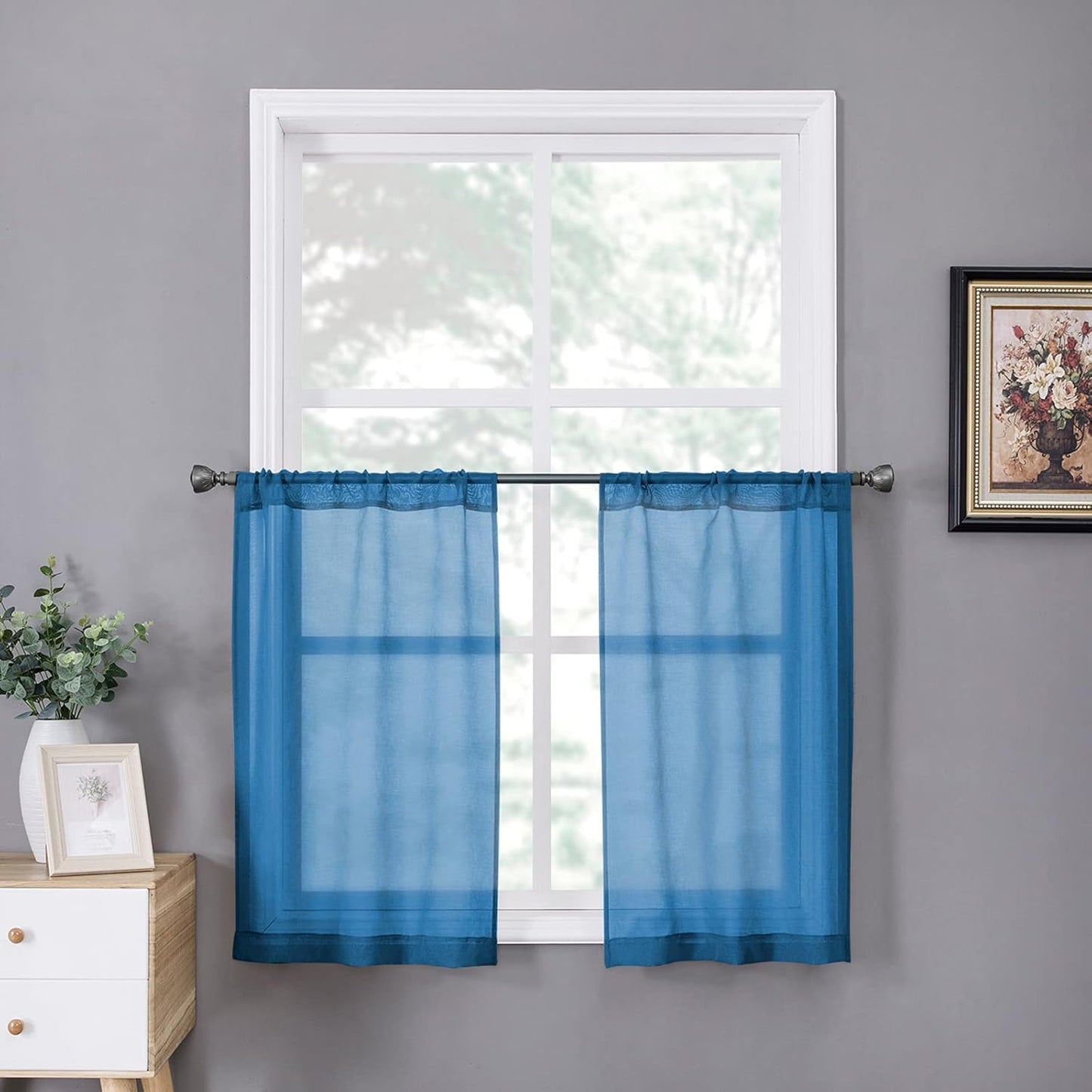 Tollpiz Sheer Tier Curtain Linen Textured Half Kitchen Curtains Sheer Light Filtering Rod Pocket Voile Small Curtains for Bathroom, 25 x 36 inches Long, Classic Blue, Set of 2 Panels