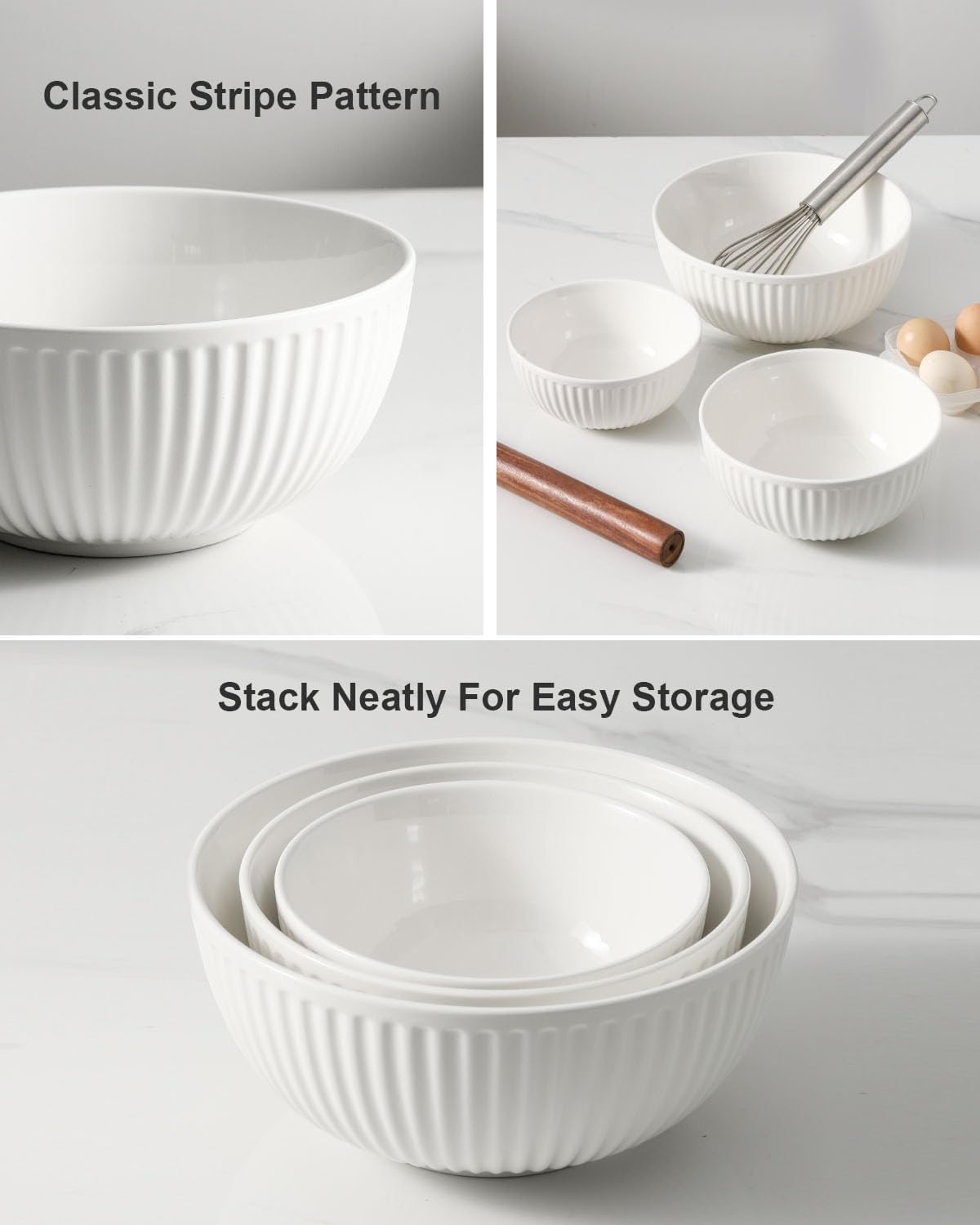 Hasense Mixing Bowls, Large Ceramic Nesting Mixing Bowls Set of 3, Serving Bowls Ideal for Baking, Prepping and Cooking Food, Nesting Salad Bowls for Space Saving Storage, 1.5/1/0.5 Qt - White