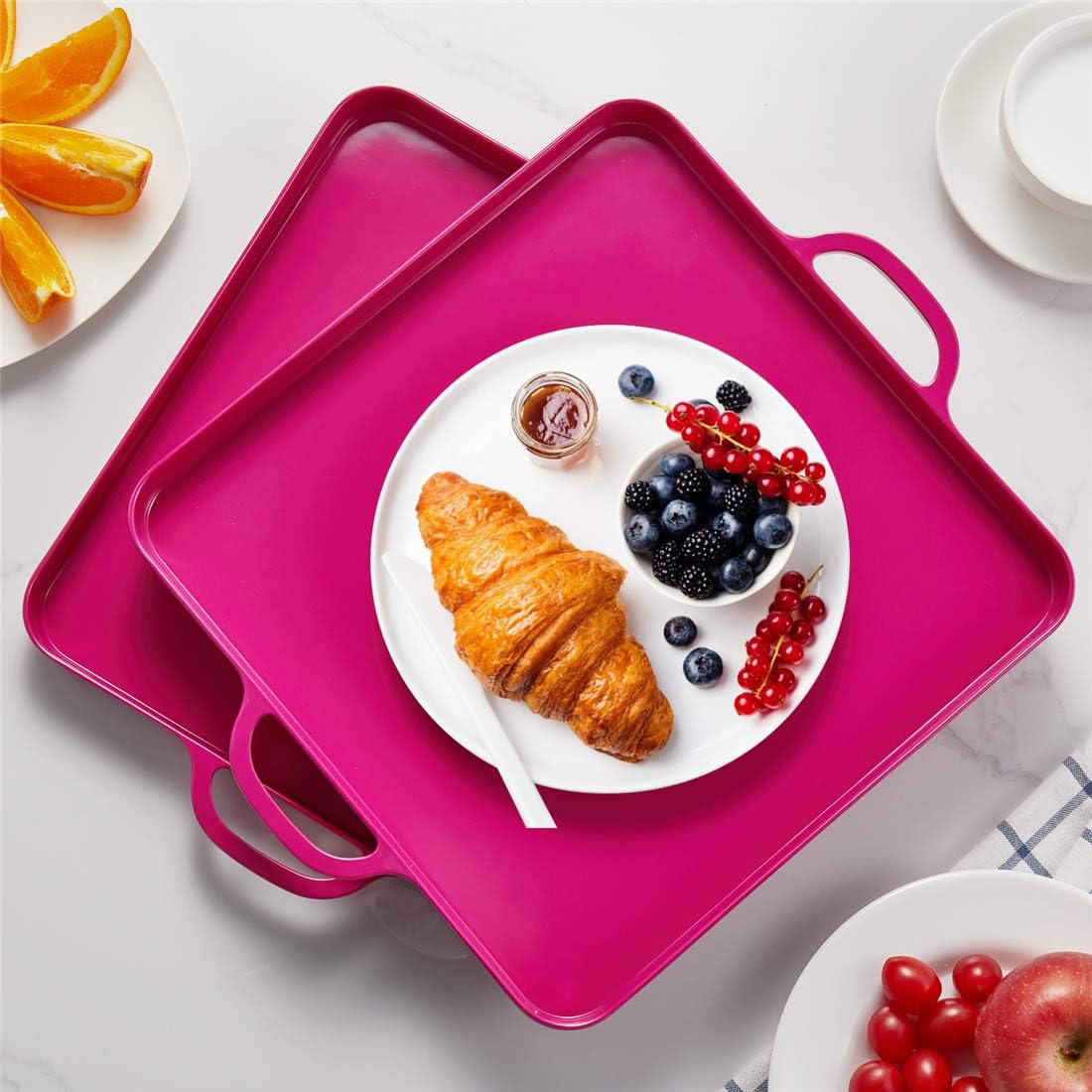 Square Serving Trays with Handles Melamine Hot Pink 12.5x12.5 Inch Spill Proof Kitchen Eating Trays Set of 2 for Cafeteria Cafe Food Appeizer Dessert Snack Dinner Lunch Breakfast,TR12-02