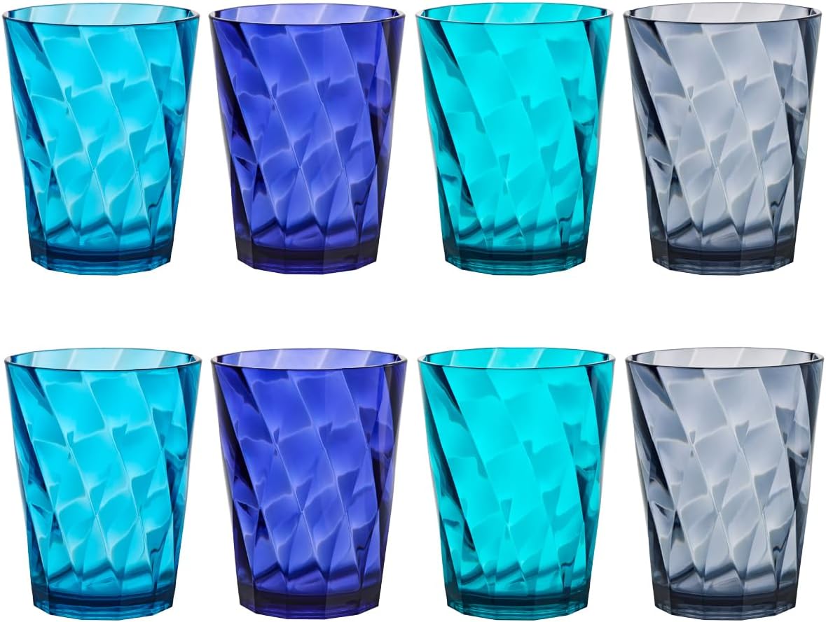 US Acrylic Optix Plastic Reusable Drinking Glasses (Set of 8) 14oz Rocks Cups in Coastal Colors | BPA-Free Tumblers, Made in USA | Top-Rack Dishwasher Safe