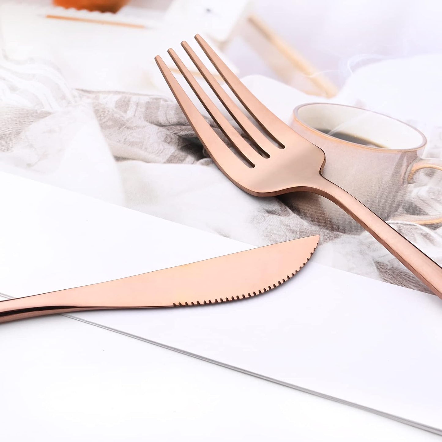 24-Piece Mirror Copper Polished Flatware, 18/0 Stainless Steel Dinnerware Set Include Knife Fork Spoon Teaspoon Cutlery Set For Home Restaurant and Party Service For 6, Dishwasher Safe