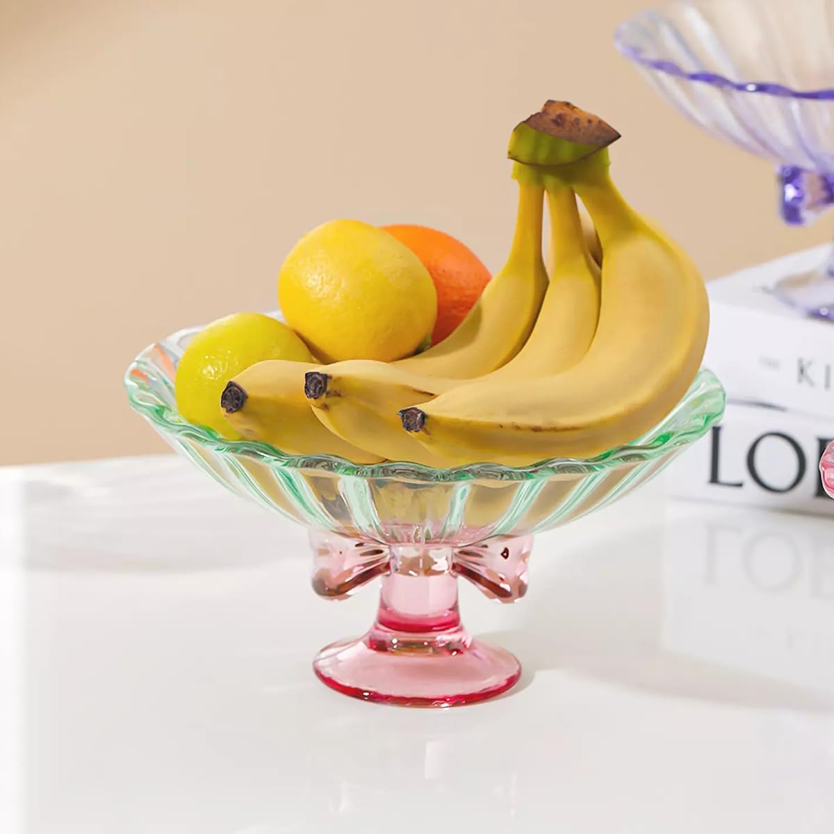 Glass Fruit Bowl. 9 inch Glass Pedestal Bowl. Elegant Bow Decoration Multicolor Salad Plate. Suitable for Fruit, Dessert, Candy, Snack & More. (Green & Pink)