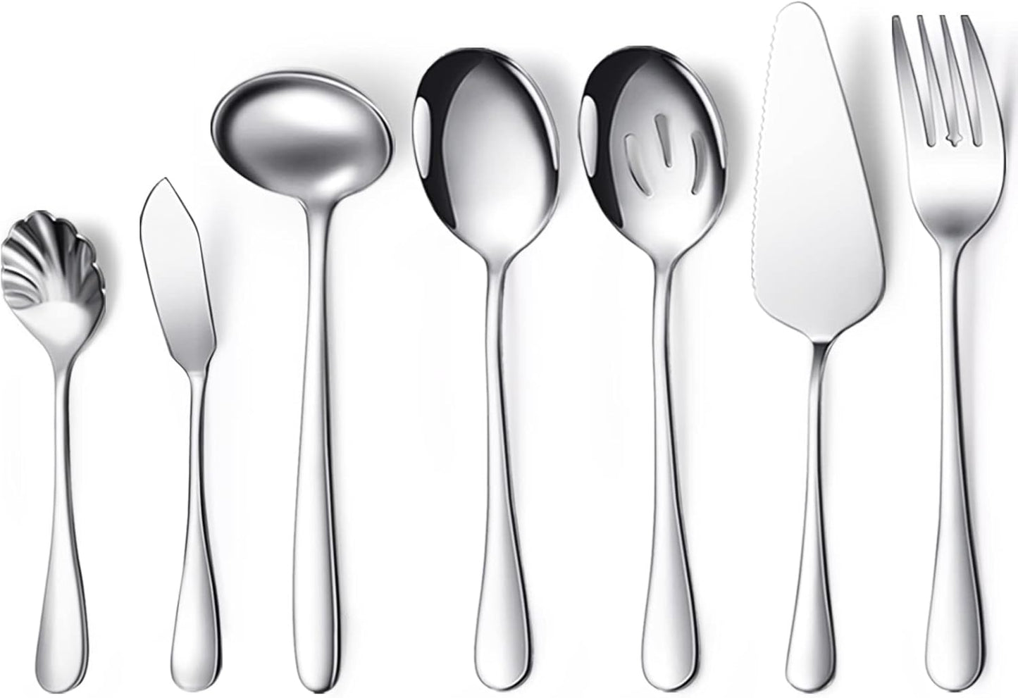 Patelai Serving Utensils Set Include Stainless Steel Large Spoons Slotted Spoons Forks Tongs Soup Ladle and Pie Server for Parties Buffet Catering, Dishwasher Safe(Silver,7 Pieces)