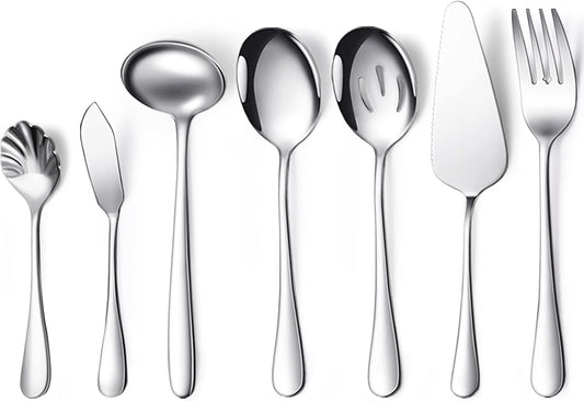 Patelai Serving Utensils Set Include Stainless Steel Large Spoons Slotted Spoons Forks Tongs Soup Ladle and Pie Server for Parties Buffet Catering, Dishwasher Safe(Silver,7 Pieces)