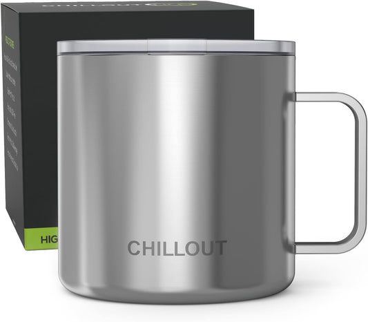CHILLOUT LIFE Stainless Steel 16 oz Vacuum Insulated Coffee Mug with Handle and Lid, Large Thermal Camping Coffee Mug Cup with Durable Sliding Lid for Men & Women, Keeps your Beverages Hot & Cold