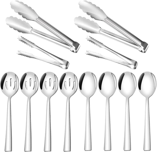 12 Piece Serving Utensils Set, Amafox Stainless Steel Kitchen Utensils Include Spoons, Slotted Spoons, Appetizer Tongs, Ice Tongs, Mirror Polished Utensils Set for Party, Dishwasher Safe (Silver)