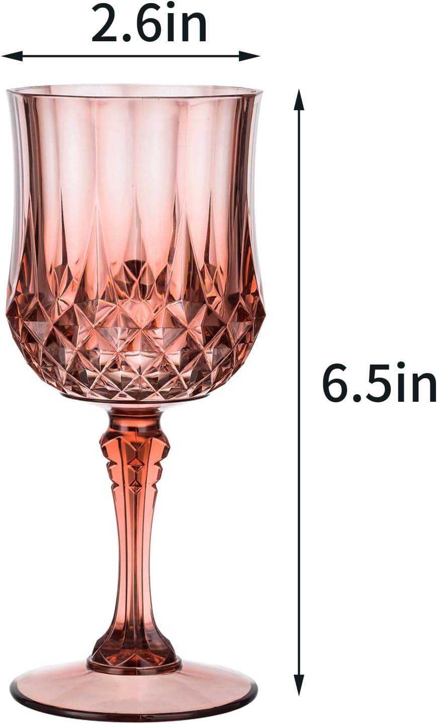 7OZ Plastic Wine Glasses, 48Pcs Rose Red Reusable Drinking Cups Vintage Champagne Flutes, Plastic Crystal Water Goblets for Parties Stemmed Shatterproof Drinking Glasses for Wedding, Toasting Party