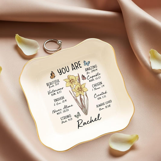 V-DECORPARKS God Says I Am Personalized Jewelry Dish – Custom Bible Verse Ring Storage Gift for Her, Christian Faith Gift for Women, Scripture Trinket Holder with Name & Birth Flower