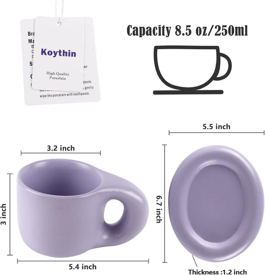 Koythin Ceramic Coffee Chubby Mug Saucer Set, Creative Cute Fat Handle Cup with Saucer for Office and Home, Dishwasher and Microwave Safe, 10 oz for Latte Tea Milk (Light Purple)