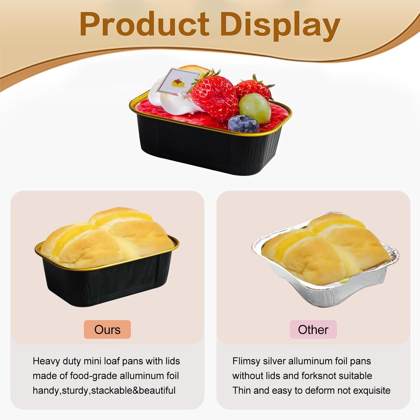 Mini Cake Pans With Lids And Spoons,5.5 oz Rectangle Mini individual Loaf Pans Disposable Aluminum Foil Small Baking Cups Tins (100, Black)