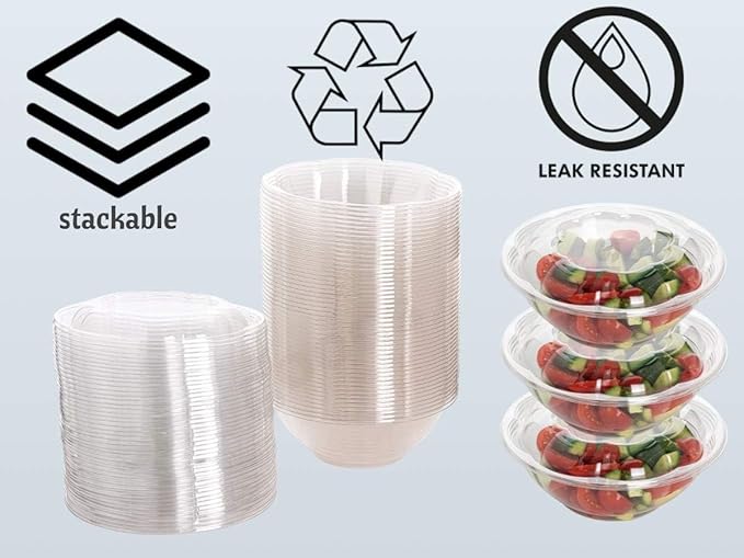 Smygoods Disposable Plastic Salad Bowls with Airtight Lids Ideal for Meal Prep, Takeout, Catering, Parties, Picnics, and Food Storage, Stackable, Leak-Proof